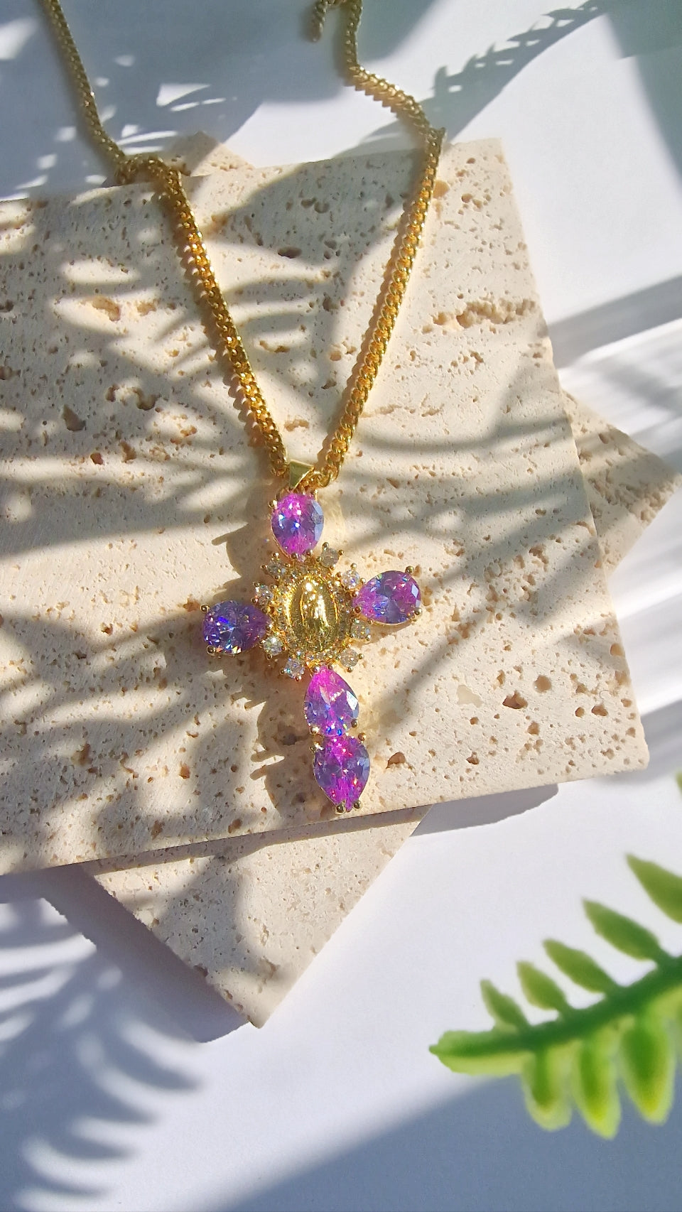 Virgin Mary Crystal Cross Necklace